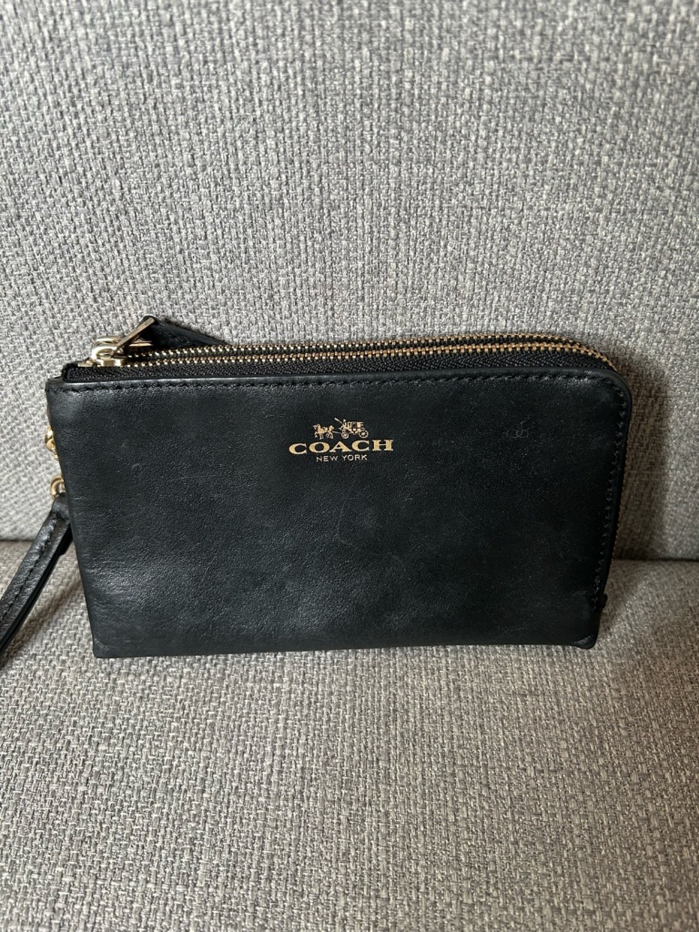Coach Smooth Black Leather Wristlet with Gold Hardware